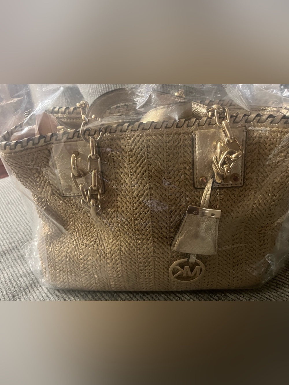 Michael Kors Gold Woven Tote with Chain-Link Straps - Picture 9 of 10